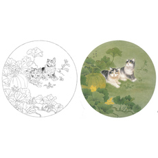 Картина 工笔画白描底稿勾线实物打印稿周中耀南瓜猫小品66*67含彩图a428
