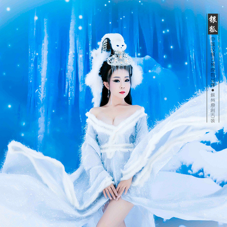 原创影楼写真服装女古装白色性感妖媚白狐狐妖狐仙服 银狐p-072
