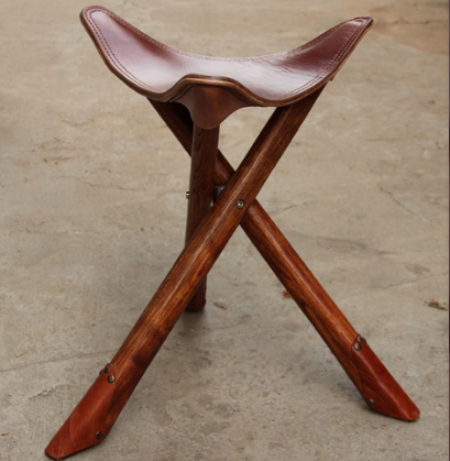 三脚凳艺术三角櫈真皮实木脚可拆卸梳妆凳垂钓凳子头层牛皮加厚