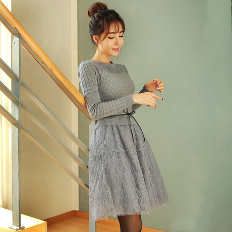 秋装连衣裙长袖中长款修身显瘦针织蕾丝假两件蓬蓬裙秋冬打底裙女