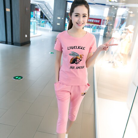 运动套装夏季新款半袖休闲套装修身纯棉女装两件跑步