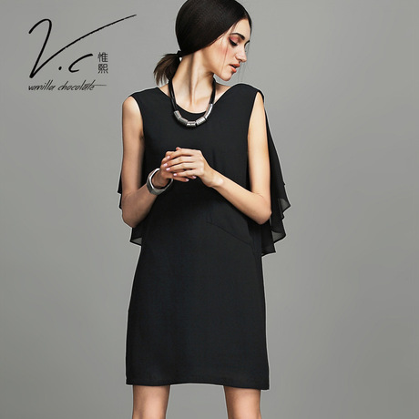 c惟熙大牌黑色女装雪纺连衣裙2015夏装欧美宽松背心无袖短裙 - 爱逛街