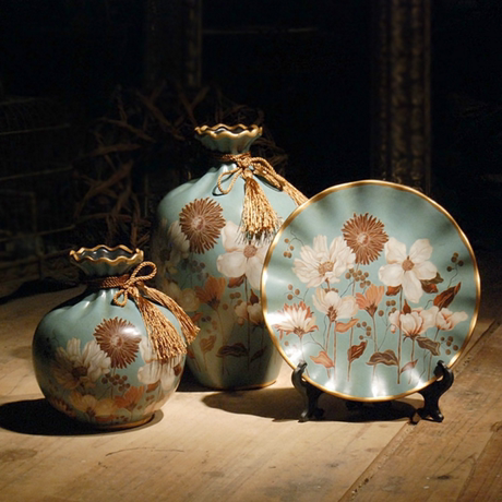 美式复古陶瓷摆件花瓶盘子欧式客厅玄关酒柜现代创意家居装饰品