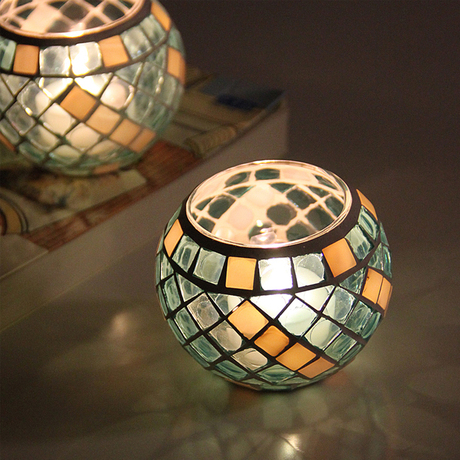 兰白地中海马赛克玻璃小圆球烛台浪漫表白酒吧ktv餐厅装饰摆件