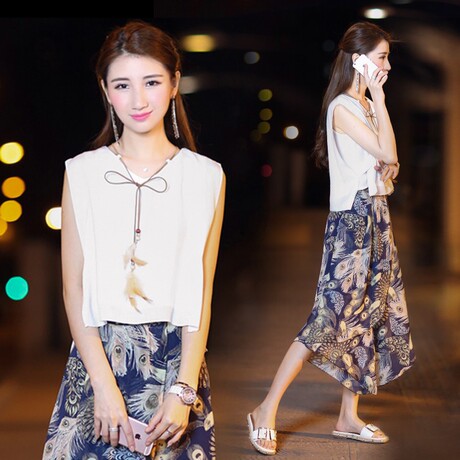 2017夏季时尚套装女韩版修身显瘦无袖雪纺上衣印花阔腿裙裤两件套
