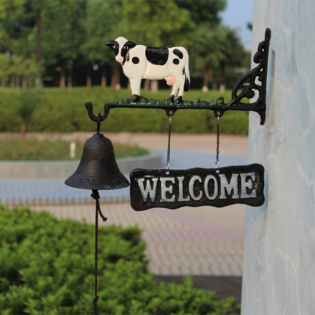 格嘉睿尔欧美乡村田园复古铸铁欢迎门铃壁铃手摇门前铃铛-大奶牛
