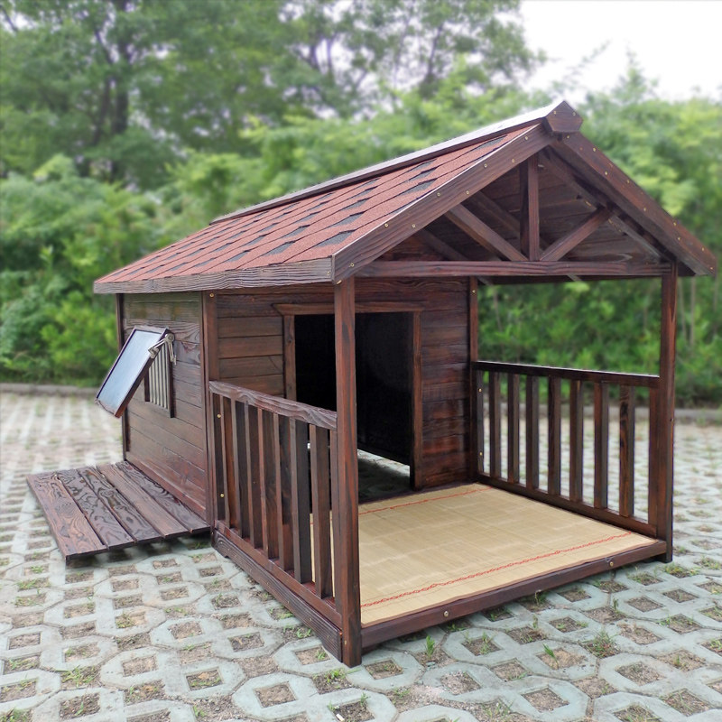 促销易清洗室外狗屋实木带棚宠物房防水木屋大型防暑金毛狗窝