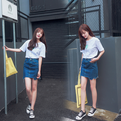 夏天女装上衣服搭配半身短裙子两件套装春夏韩版高腰a型短款短袖