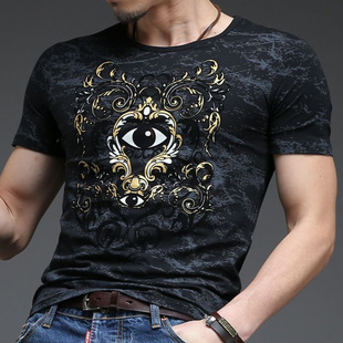 夏款巴洛克风男装图案短袖t恤男士烫金花纹体恤圆领修身男上衣服