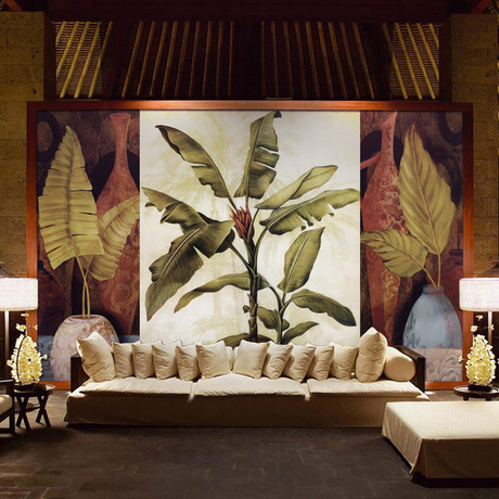 艾加美图大型壁画东南亚风格墙纸壁画沙发电视背景墙纸壁画芭蕉叶