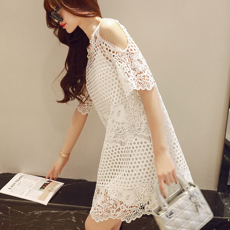 2016春夏季新款韩版时尚修身圆领短袖两件套露肩蕾丝连衣裙子女装
