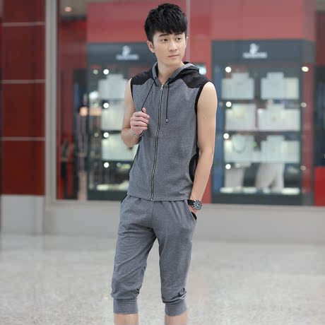 2015春夏款运动套装男健身房运动服男士无袖t恤套装休闲跑步短裤