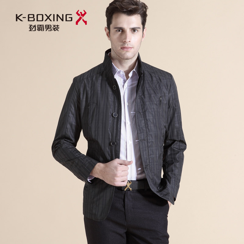 劲霸男装春装外套 格纹修身立领夹克男 中长款纯色夹克衫jacket