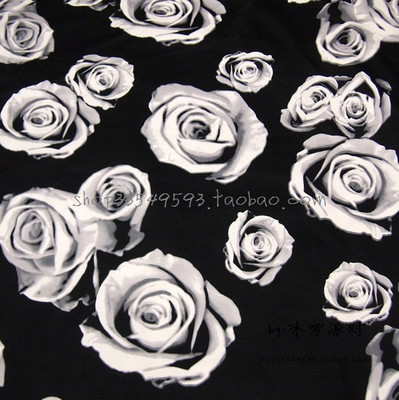 taobao agent Wide 120 Foreign Trade Elastic Gong satin cotton fabric HH168 Black and White Rose half a meter 150g