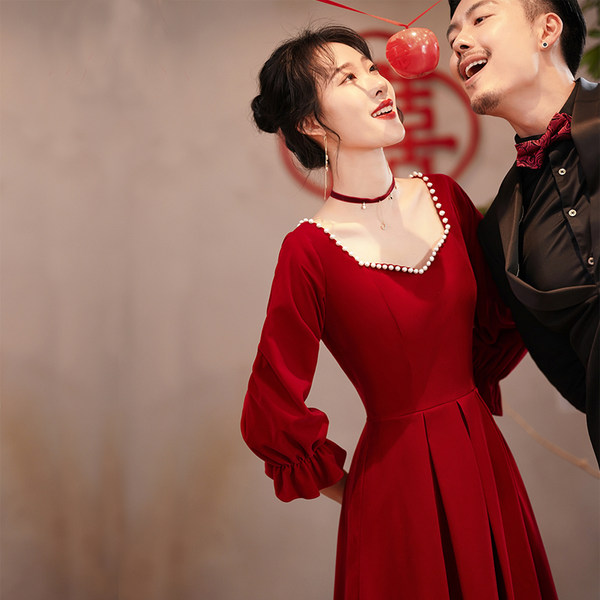 Платье для невесты, длинный лонгслив, осеннее, подходит для подростков, 2023, квадратный вырез, с рукавом, средней длины