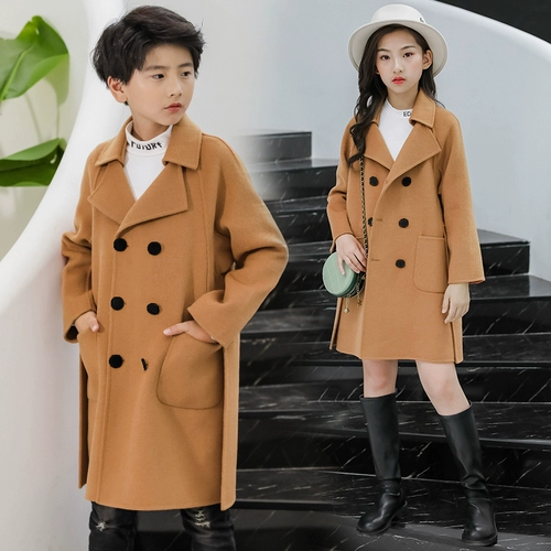 Детское зимнее шерстяное пальто, длинная шерстяная двусторонная куртка для мальчиков, средней длины, подходит для подростков