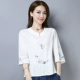 Áo thun cotton và lanh 2021 mùa xuân phong cách dân tộc phụ nữ tay áo ba phần tư mỏng tất cả phù hợp với phong cách Trung Quốc thêu áo cánh dưới cùng phụ nữ - Áo phông