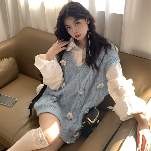 Синий трикотажный жилет, сексуальная майка топ, японский свитер, в цветочек