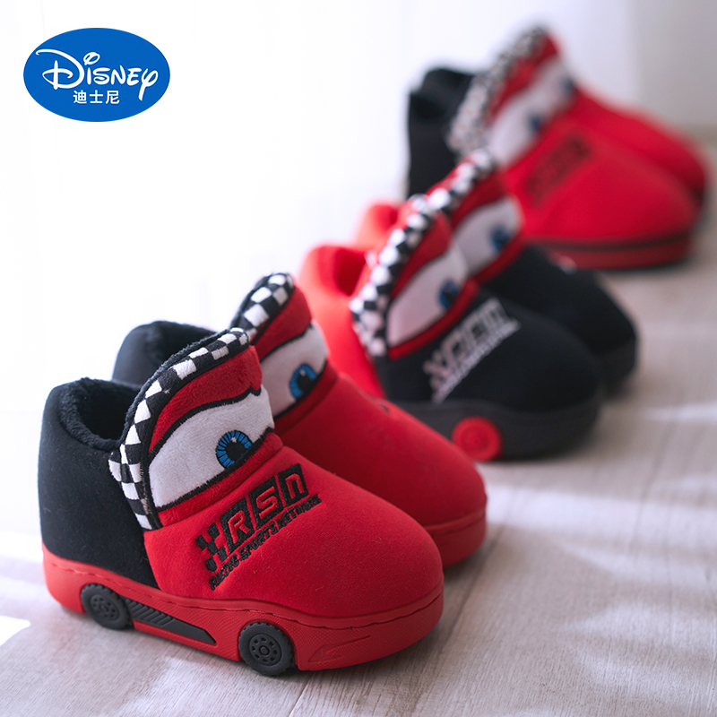 迪士尼儿童男童保暖全包跟厚底软底小汽车棉鞋防滑室内外棉拖鞋