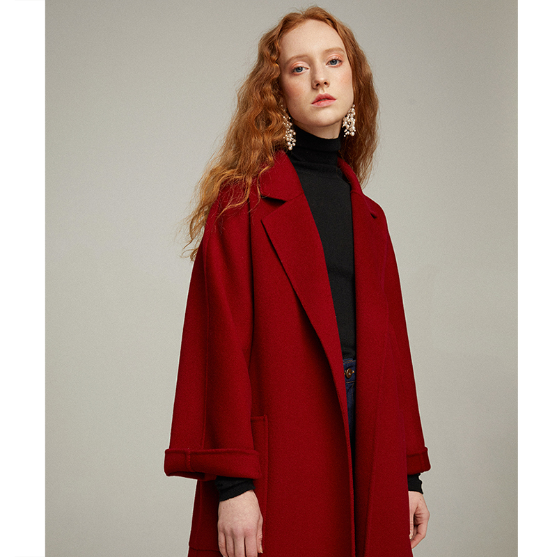 复古红色双面呢羊毛大衣女2022秋冬装新款韩版气质中长款毛呢外套