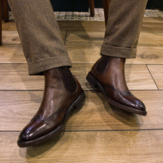 Челси сапоги 绅士们 英伦真皮复古布洛克雕花短靴男尖头潮流做旧手工切尔西靴