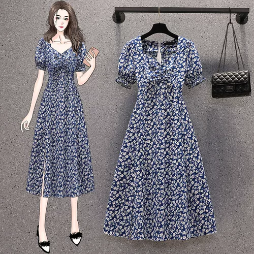 Летняя ретро летняя одежда, юбка, платье, французский стиль, подходит для полных девушек, цветочный принт, рукава фонарики, квадратный вырез