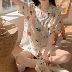 Пижама 泡泡棉纱布睡衣女款可爱夏季天网红风短袖卡通小新开衫家居服套装