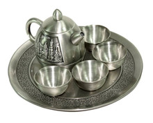 俄罗斯锡制成套茶具西洋城堡银锡茶壶+四只茶杯+托盘办公商务礼物