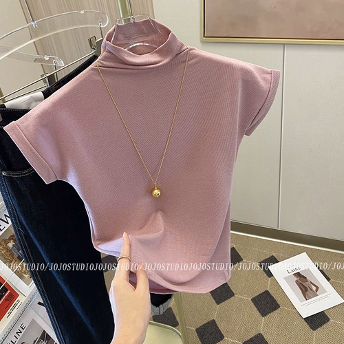 Дизайн смысл наполовину высокий шейный цвет с коротким рукавом вязаная база для женщин ранняя осень 2022 г. Новый нишевый Slim Fit Уникальный топ