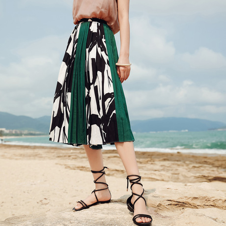 七格格 2017夏新款波西米亚宽松高腰撞色花色拼接百褶裙半身裙