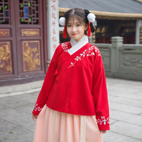 汉尚华莲传统汉服女日常秋冬装双层红色浆果绣花交领襦裙加厚襦裙