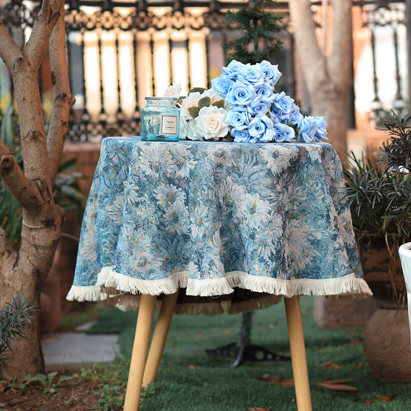 Monet Blue Floral Jacquard Tablecloth with Tassel Trim