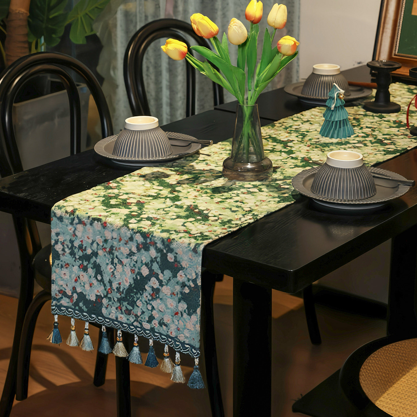 Green Floral French Country Table Runner