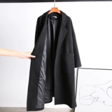 Демисезонное черное длинное шерстяное пальто, 2023, средней длины