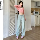 Светлые прямые свободные джинсы, осенние штаны, высокая талия, свободный крой