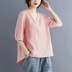 Năm 2020 mùa hè mới cộng với kích thước của phụ nữ Phiên bản Hàn Quốc của thêu văn học và nghệ thuật Áo phông ngắn tay cổ chữ V dành cho phụ nữ áo lanh mỏng hoang dã - Áo phông