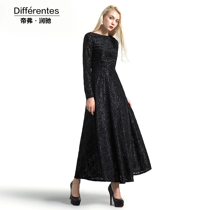 秋冬季黑色蕾丝连衣裙长袖气质修身超长款加绒加厚大摆及踝长裙子