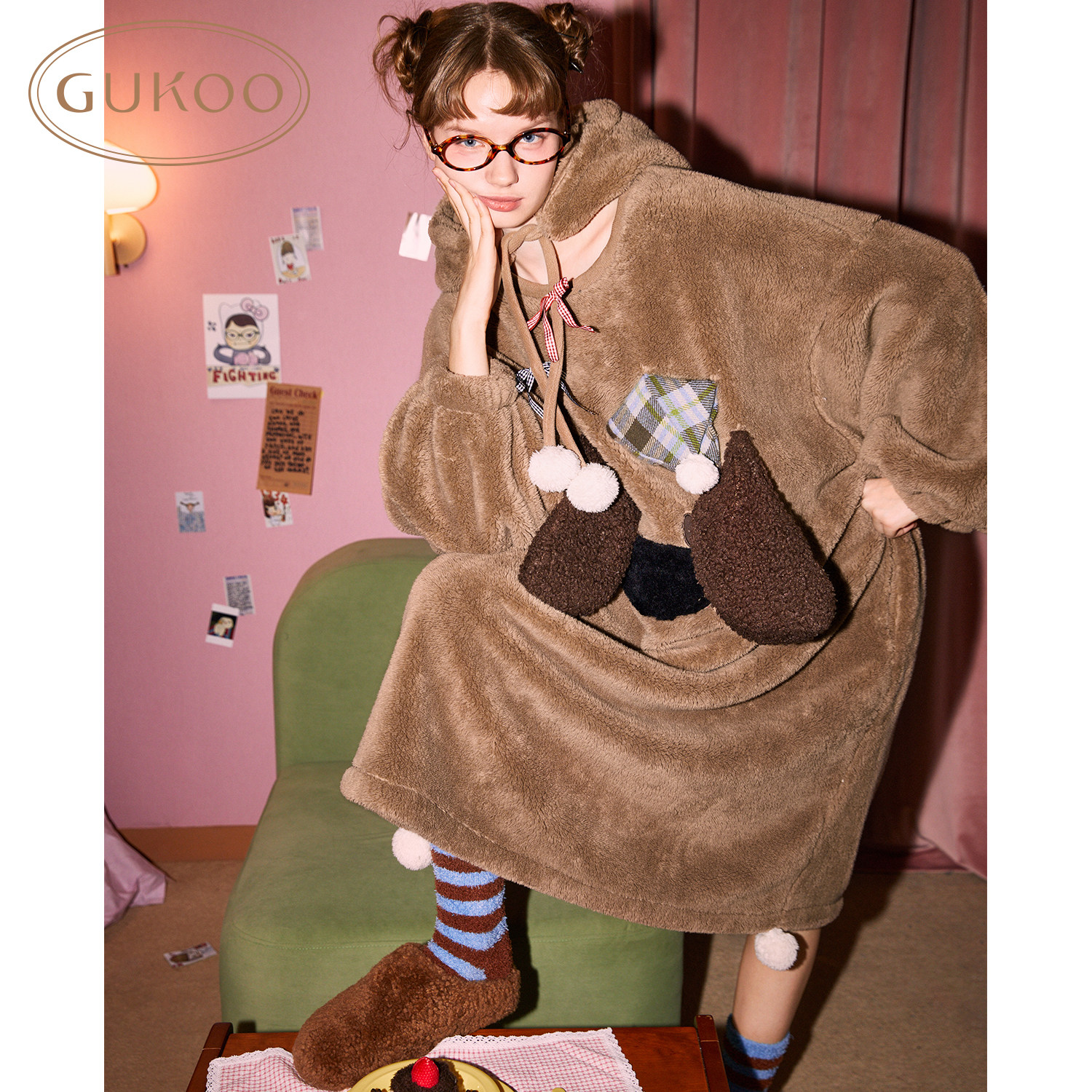 Gukoo/果壳睡裙女冬季咖色小狗睡裙新款毛绒可爱女士家居服睡裙D