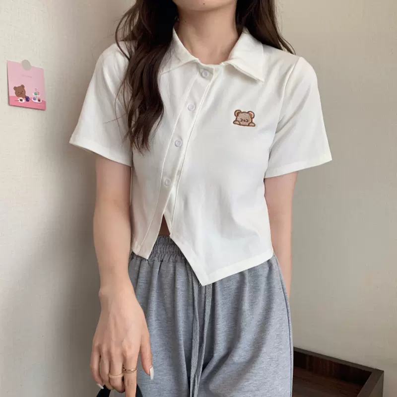 半袖小熊tシャツ女春新款短款高腰襟上着露へそ夏 O348K
