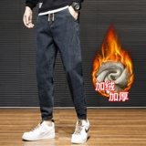 Демисезонные джинсы с начесом, зимние штаны, свободный прямой крой, коллекция 2023