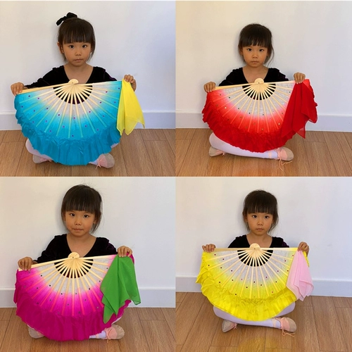 Фан -шарф детского танца шелковой шарф, фанат Jiazhou Yangge Real Silk Dance Fan Doubleded Gradient Perform
