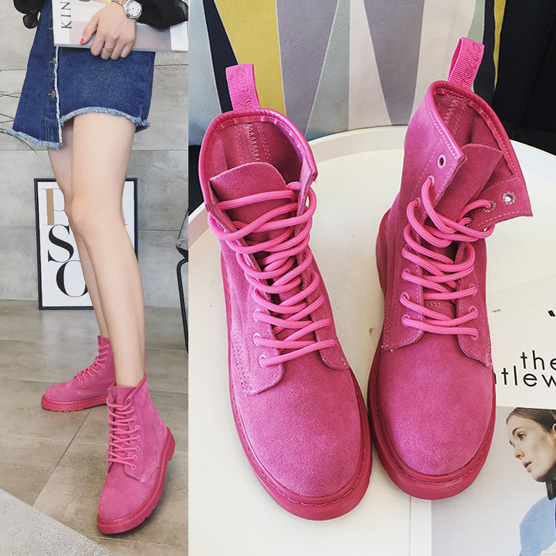 磨砂真皮短靴子女2017冬季新款百搭平底韩版粉色系带英伦风马丁靴