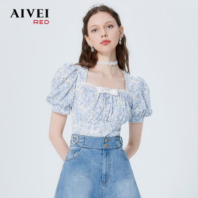 taobao agent Summer fitted brace, top, french style, square neckline, with short sleeve, floral print
