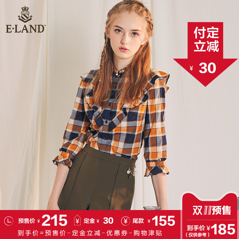 【双11预售】ELAND2018新款英伦学院风韩版格子花边衬衫衬衣女