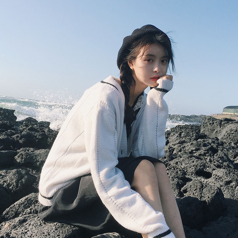 范智乔  针织衫开衫女秋宽松毛衣外套薄款外塔可爱甜美上衣