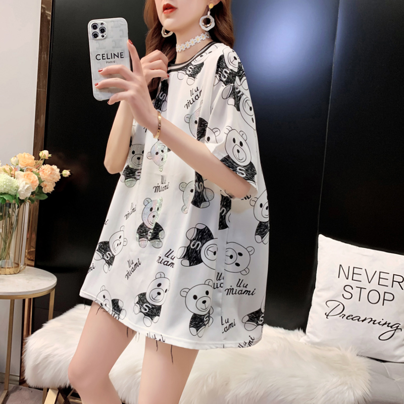 Whitereduce 10 】 Medium and long term Short sleeve T-shirt female Korean version easy summer new pattern Bear Half sleeve Bottom up T-shirt ins tide