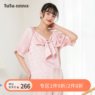 taobao agent Tutuanna Home Furnishing Set Female Black Sweet Cool Poor Poor Poilet Bow Short -sleeved Qippot Pants up and down