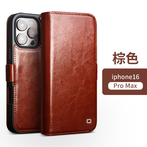 Brown — Qialino Wallets Folio Flip Business Leather High End Premium 16, 16 Plus, 16 Pro, 16 Pro Max iPhone Case