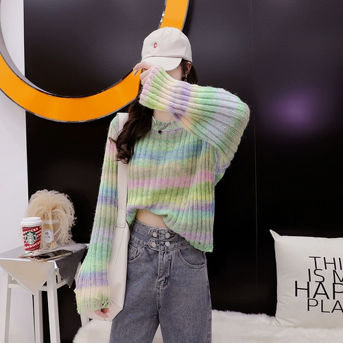 Цветной демисезонный короткий трикотажный тонкий свитер, осенний, свободный крой, подходит для подростков, в западном стиле