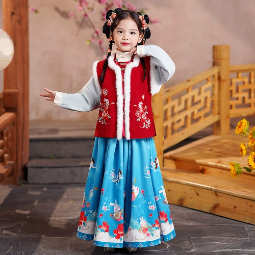 Утепленное детское осеннее демисезонное красное ханьфу, китайский стиль, коллекция 2022